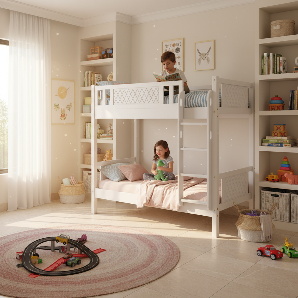 Wooden Bunk Bed for Kids & Teens UAE | Heavy Duty Bunk Bed Frame with Ladder & Safety Guardrail 0.9M