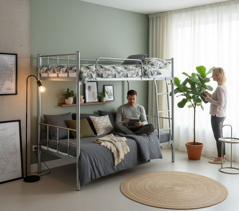 Premium Steel Metal Bunk Bed with mattress 90x190 Dubai UAE | Double Grey Bunk Bed with Mattress & Ladder | INFINI HOMES