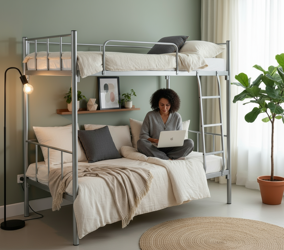 Premium Steel Metal Bunk Bed Only Dubai UAE | Double Grey Bunk Bed 190x90x175cm