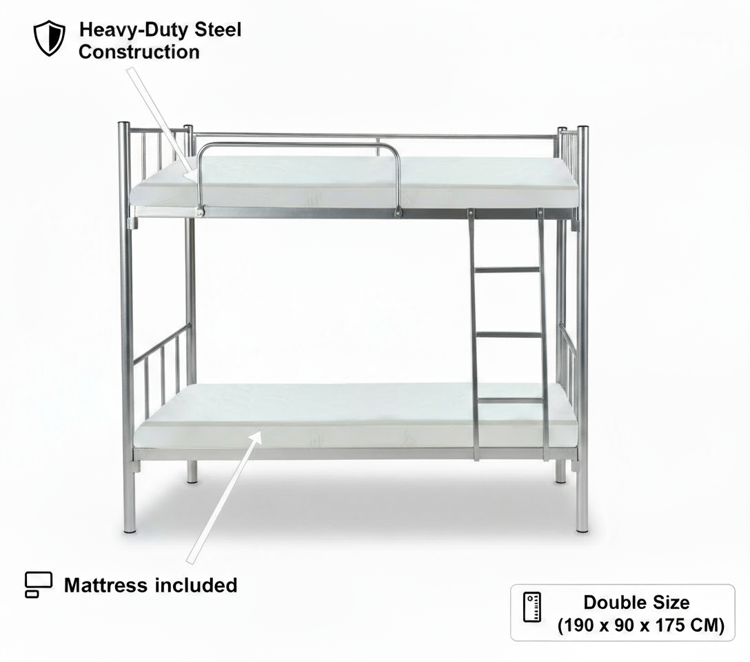 Premium Steel Metal Bunk Bed with mattress 90x190 Dubai UAE | Double Grey Bunk Bed with Mattress & Ladder | INFINI HOMES