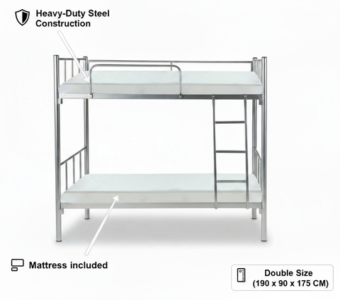 Premium Steel Metal Bunk Bed with mattress 90x190 Dubai UAE | Double Grey Bunk Bed with Mattress & Ladder | INFINI HOMES