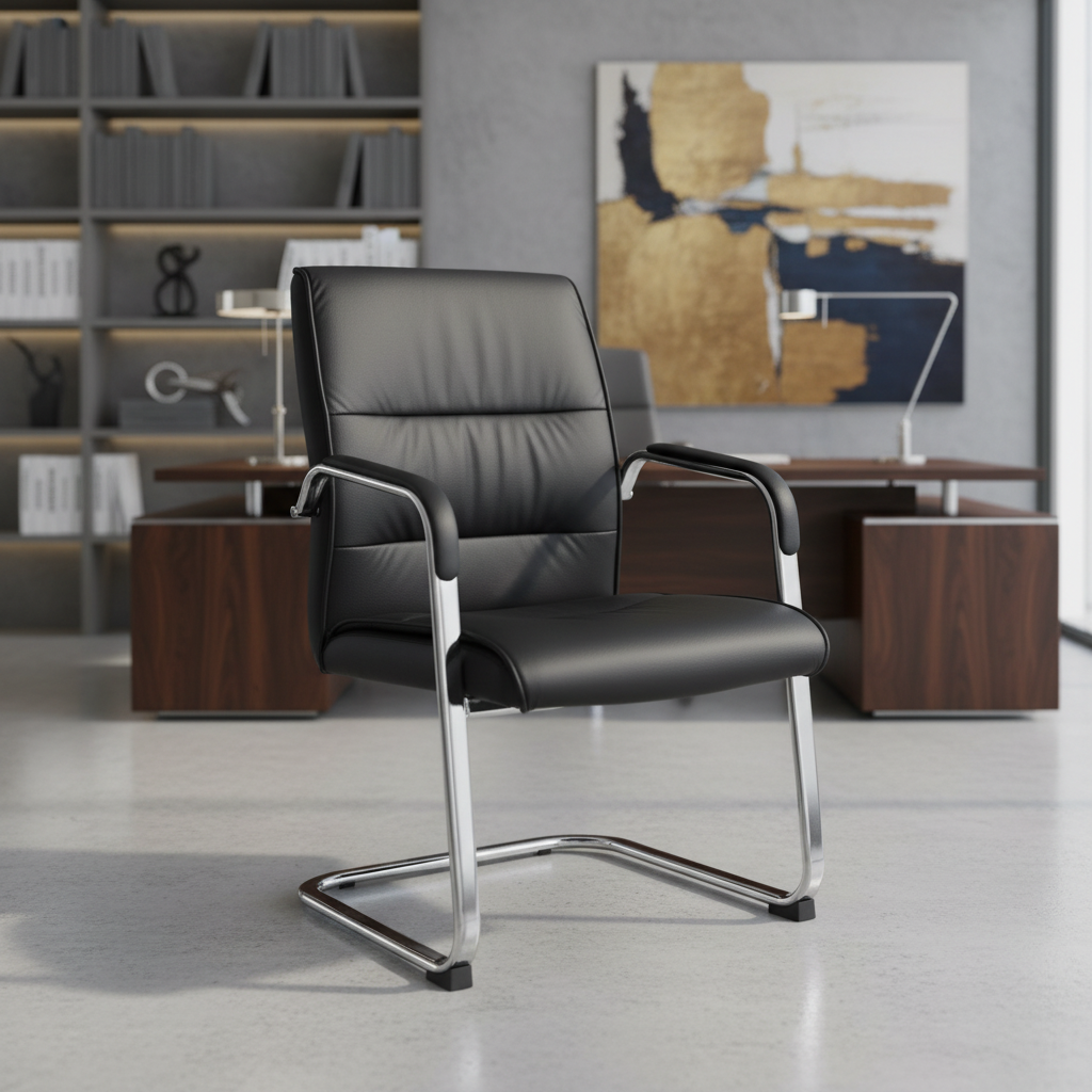 PU Leather Visitor Chair with Chrome Arms - Office Guest Seating UAE | IH 107V
