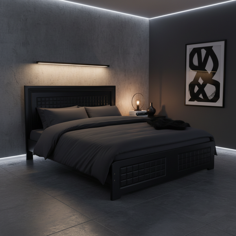 Dark Luxury Bed with Quilted Headboard and LED Cove Lighting – Bedroom Furniture UAE