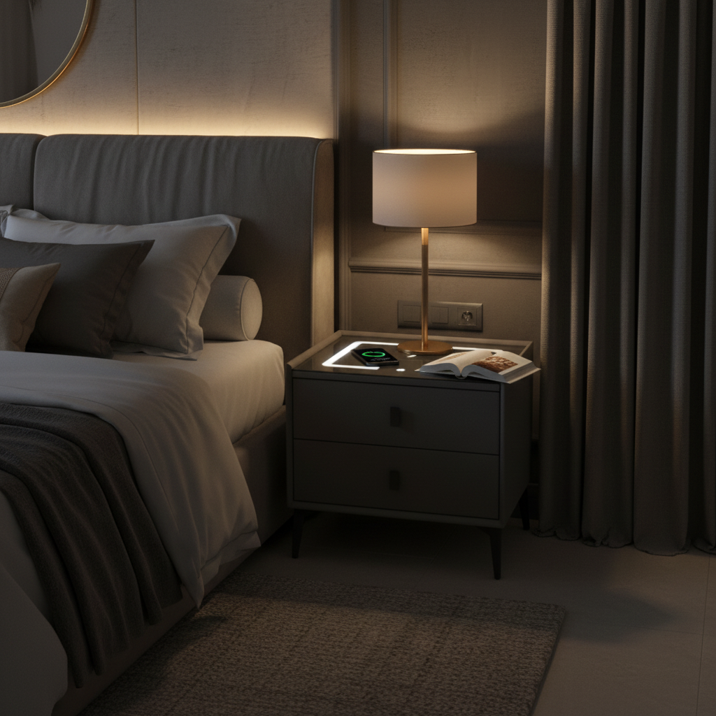 Smart Bedside Table with Bluetooth Speakers, LED Light & Charging Point | INFINI HOMES