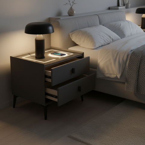 Smart Bedside Table with Bluetooth Speakers, LED Light & Charging Point | INFINI HOMES