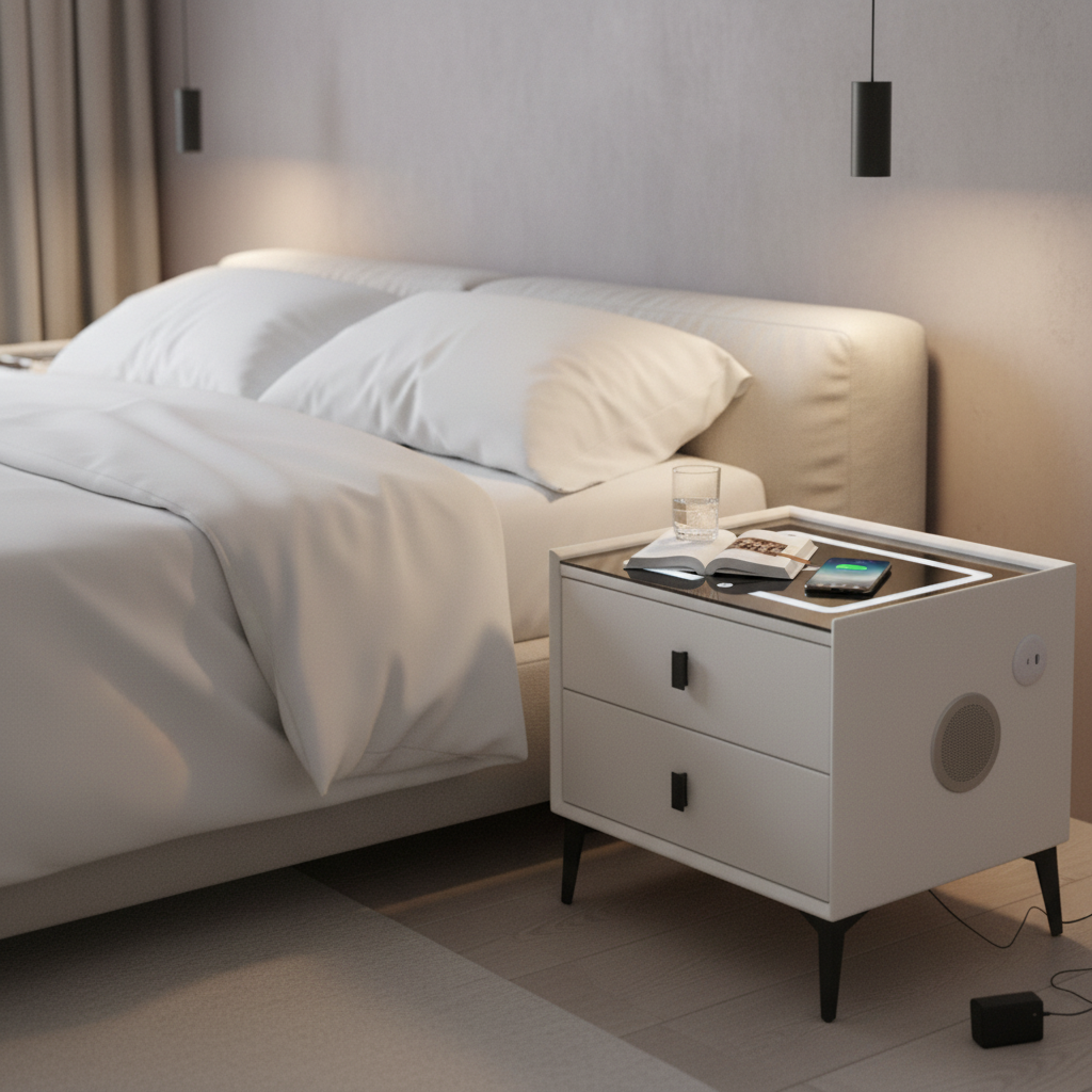 Smart Bedside Table with Bluetooth Speakers, LED Light & Charging Point | INFINI HOMES