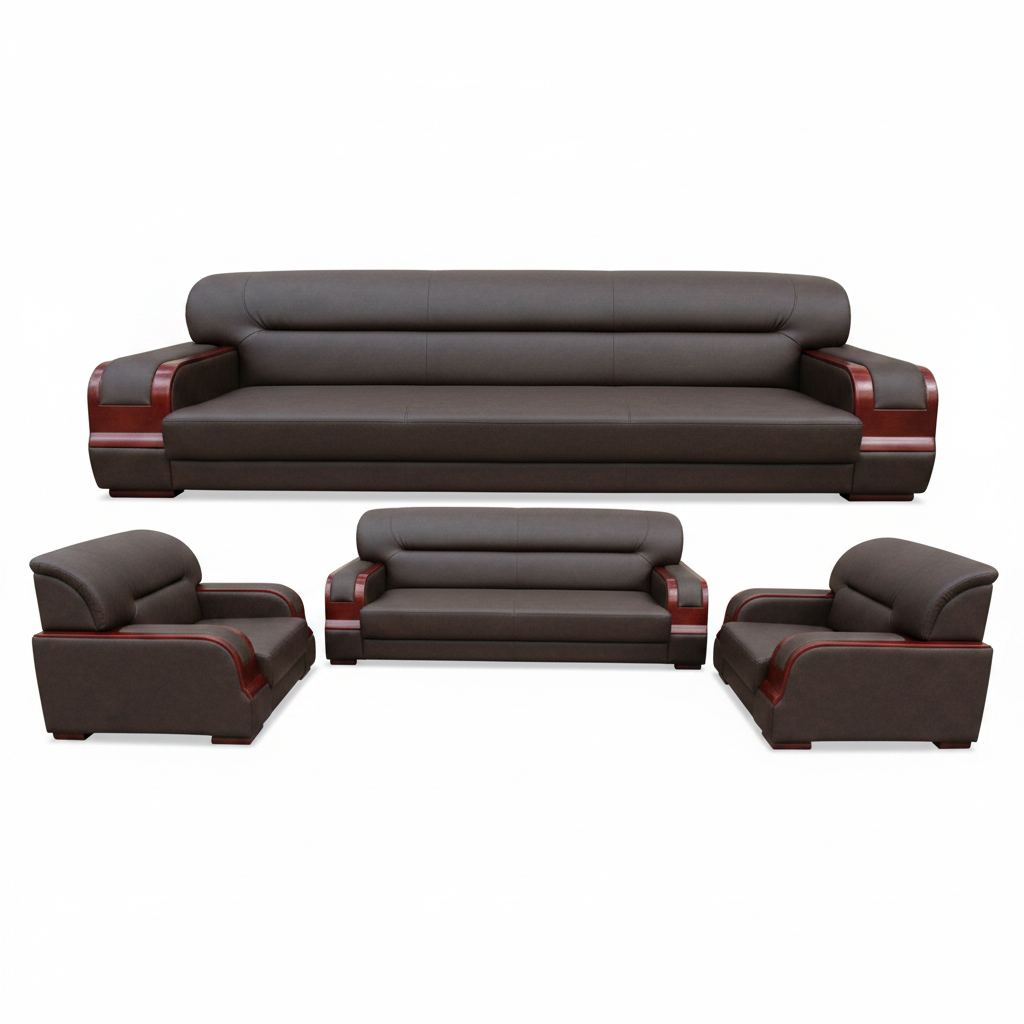 INFINI HOMES IH 8011 Office Sofa Set 3+1+1 in Brown PU Leather with Wooden Armrests – UAE