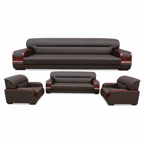 INFINI HOMES IH 8011 Office Sofa Set 3+1+1 in Brown PU Leather with Wooden Armrests – UAE