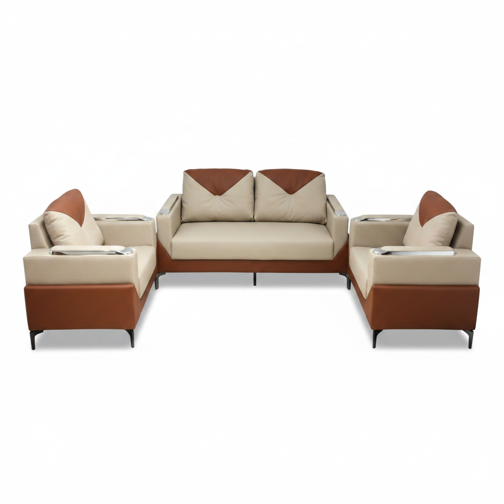 Premium 5-Seater Sofa Set 3+1+1 Beige Brown Leather Living Room Furniture UAE