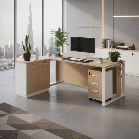 Office Desk with Side Table & Pedestal Drawer 200cm - Oak Finish | Dubai UAE