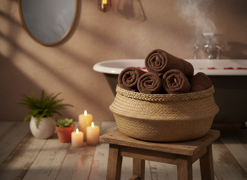Luxury brown face towels 500 GSM cotton in spa basket Dubai UAE - Premium hotel quality bathroom towel set