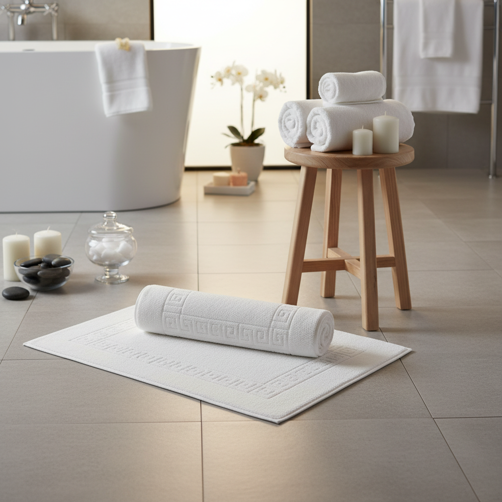 Premium white cotton bath mat set in luxury spa bathroom Dubai UAE - INFINI HOMES hotel quality 600 GSM quick-dry bathroom accessories