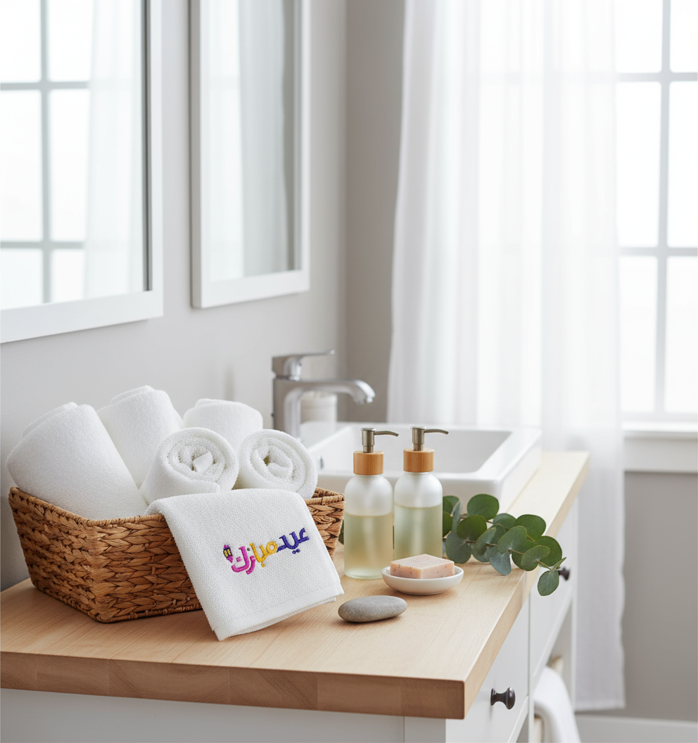 Premium Eid Mubarak Face Towel Set UAE Dubai - 600 GSM Islamic Embroidered Gift