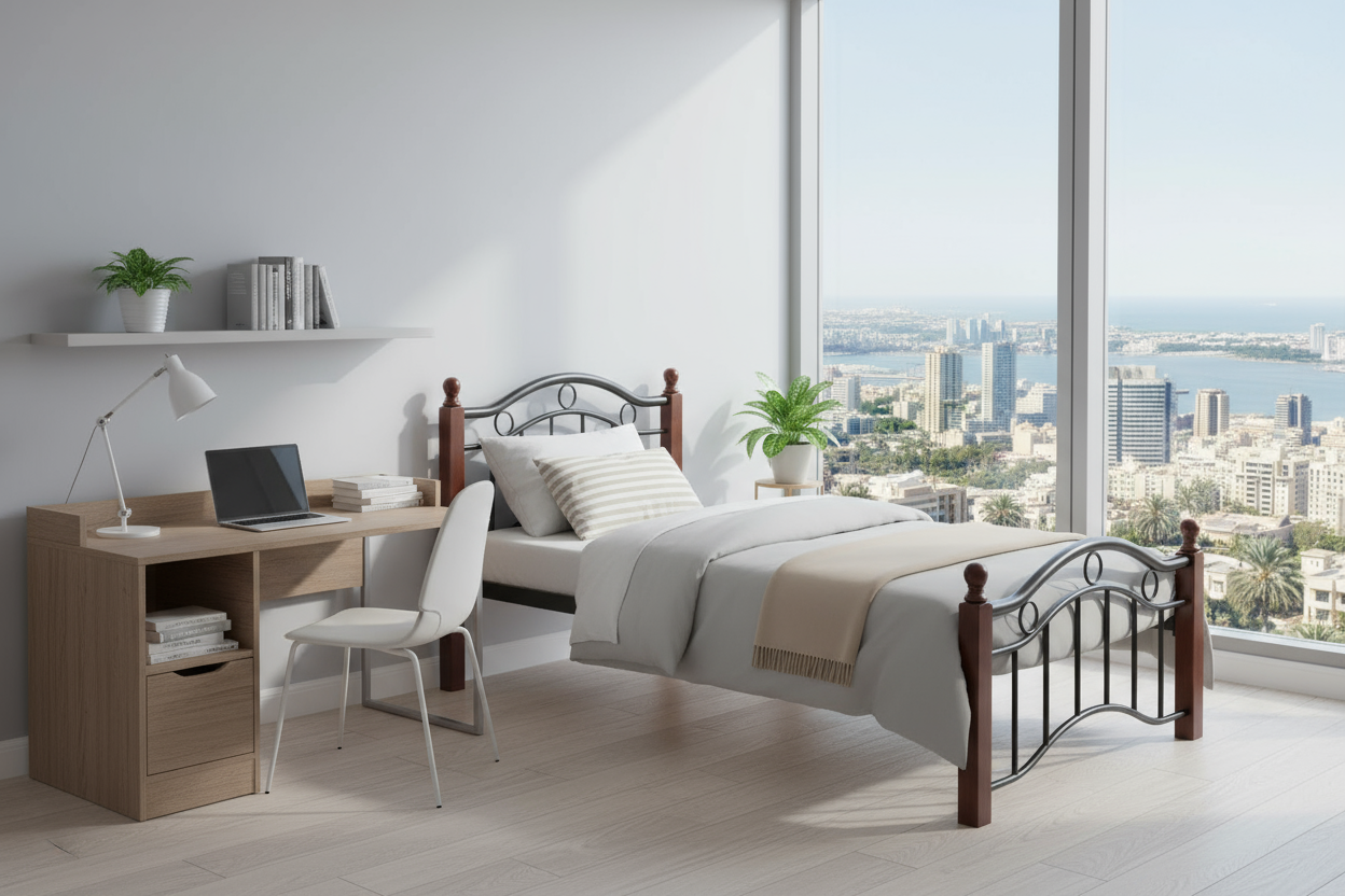 Premium Wooden Steel Bed Frame Single Size 190x90x75cm | UAE Delivery to Dubai, Abu Dhabi, Sharjah | Modern Bedroom Furniture