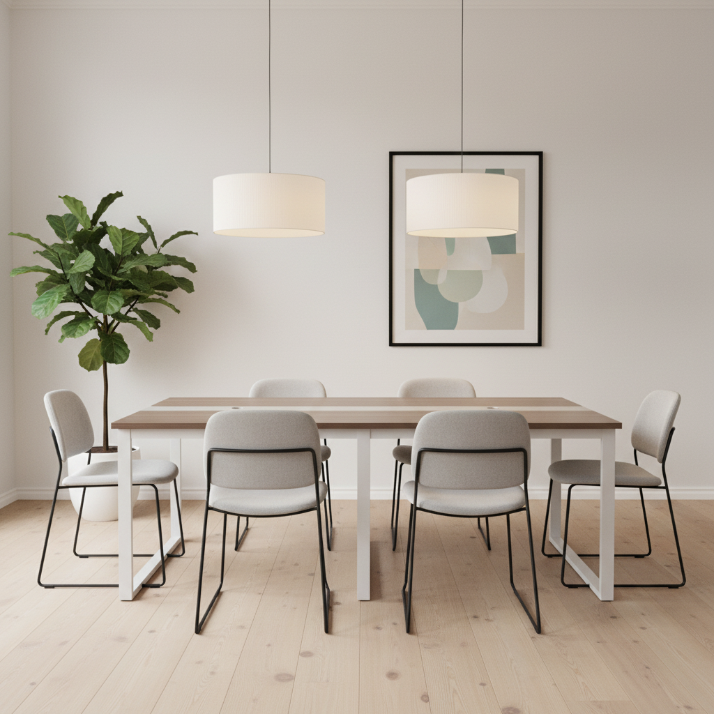 Wooden Steel Meeting Table IH 2412 styled in a minimalist conference room with grey chairs – meeting table for offices in UAE