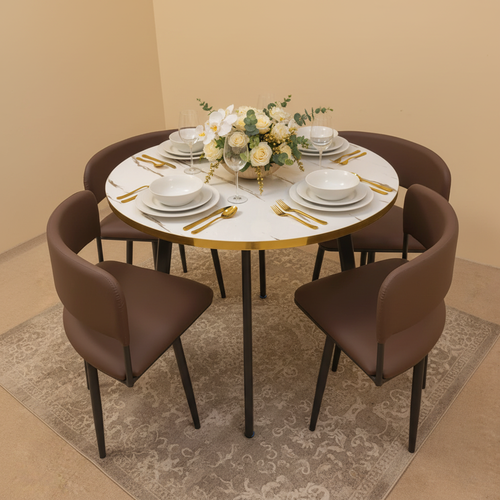 4 Seater Round Dining Table with Marble Top and Grey Upholstered Chairs - Modern Furniture Dubai UAE