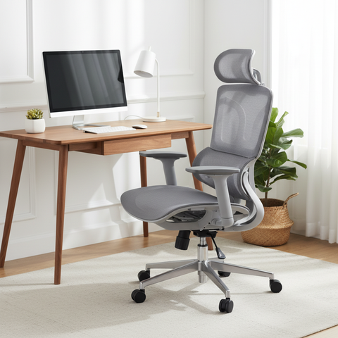 Ergonomic Mesh Grey Office Chair with Lumbar Support & Headrest - High Back Executive Chair UAE | IH A-217