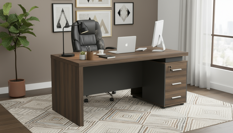 INFINI HOMES Executive Table UAE - Model KENO140 Walnut Grey 140x70cm 3 Drawers Dubai Abu Dhabi Sharjah
