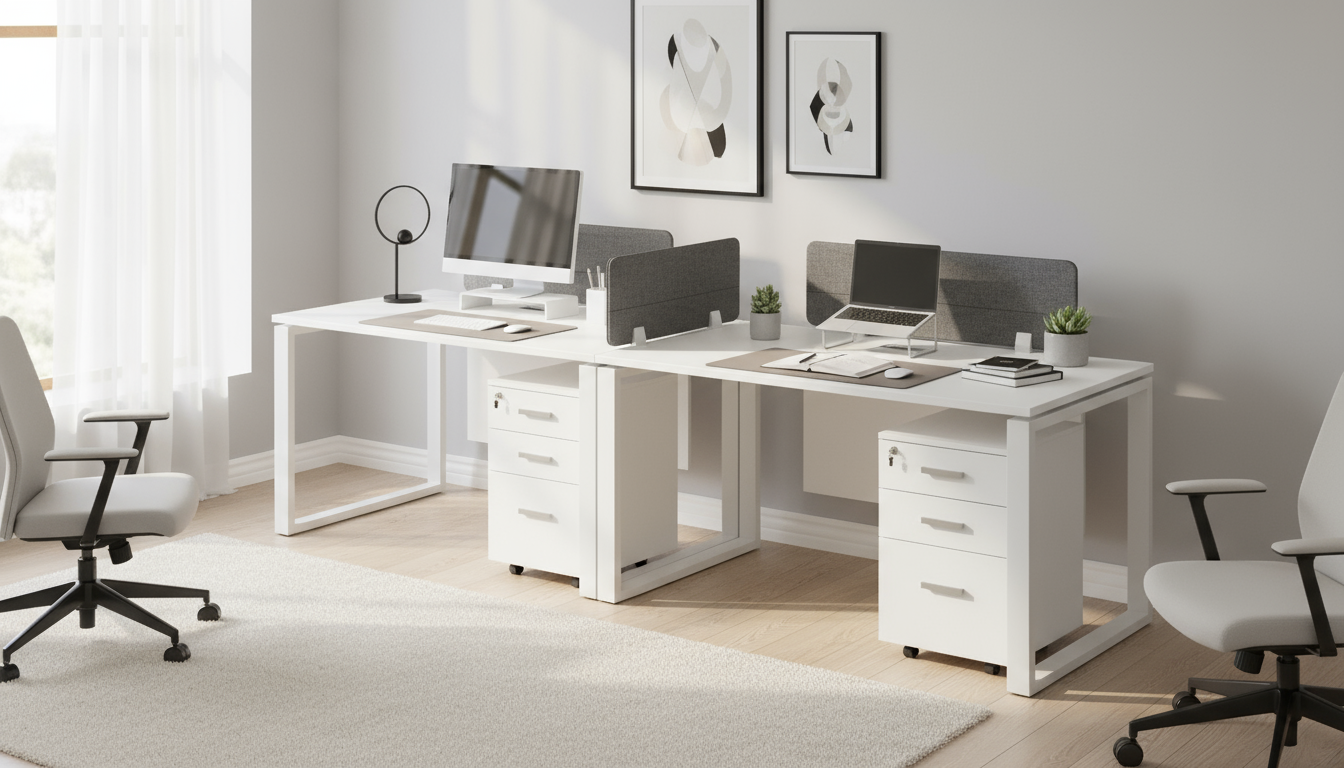 2 Person Office Workstation Desk Dubai UAE | White Line Desk with Drawers 240x60cm