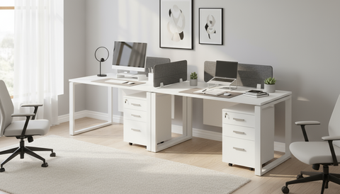 2 Person Office Workstation Desk Dubai UAE | White Line Desk with Drawers 240x60cm