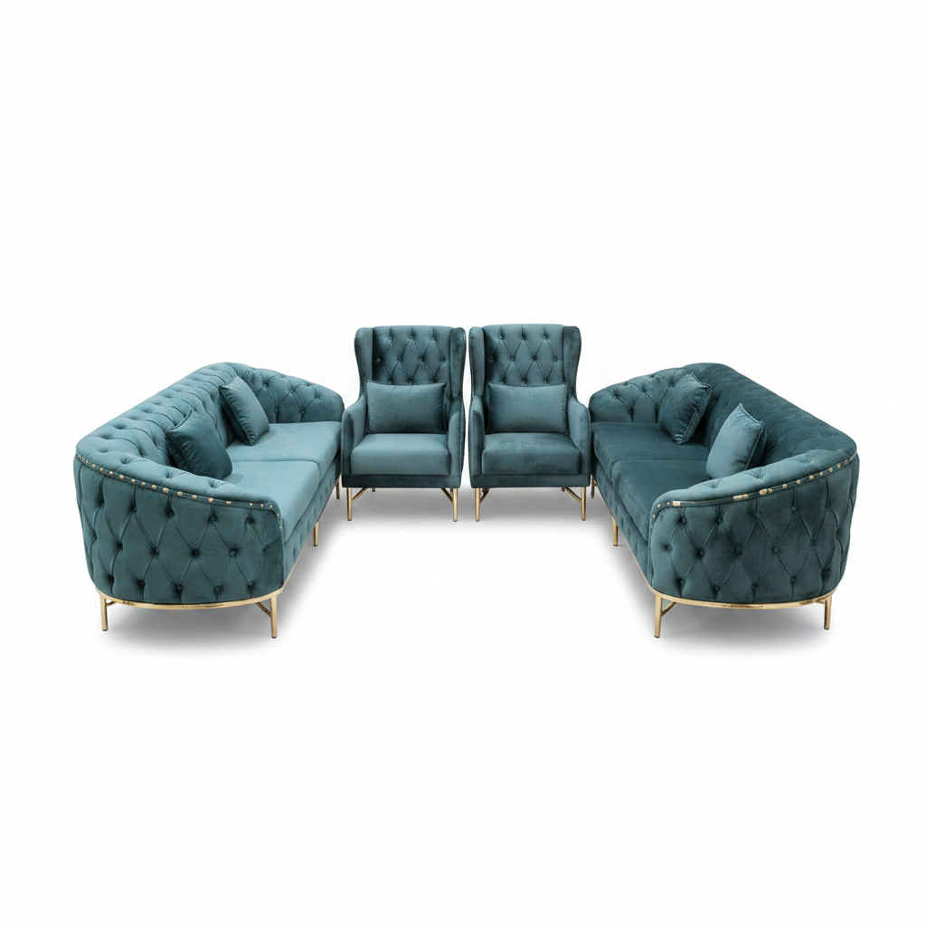 Teal velvet Chesterfield sofa set 3+3+1+1 with gold legs and button tufting – premium living room furniture UAE