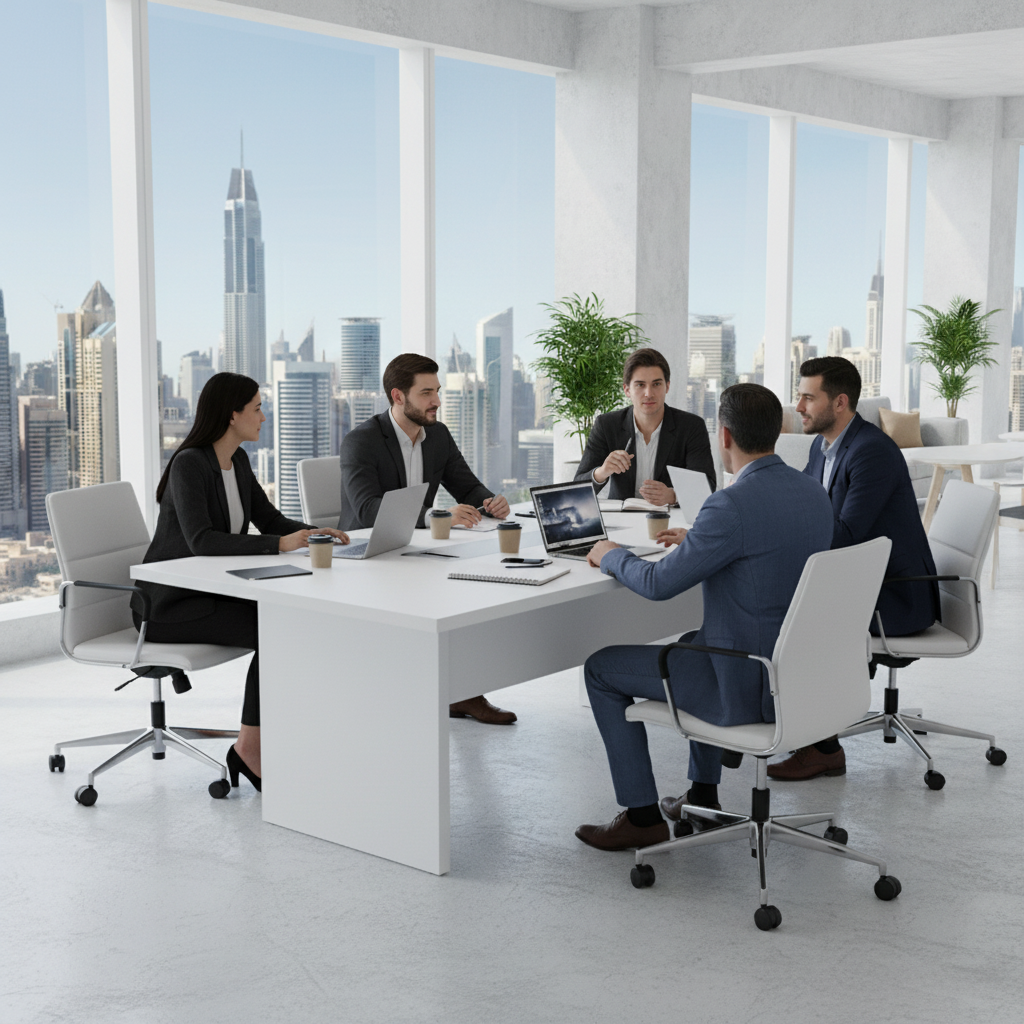 Team meeting around beige conference table 200x100cm in bright Scandinavian office – office furniture UAE | INFINI HOMES
