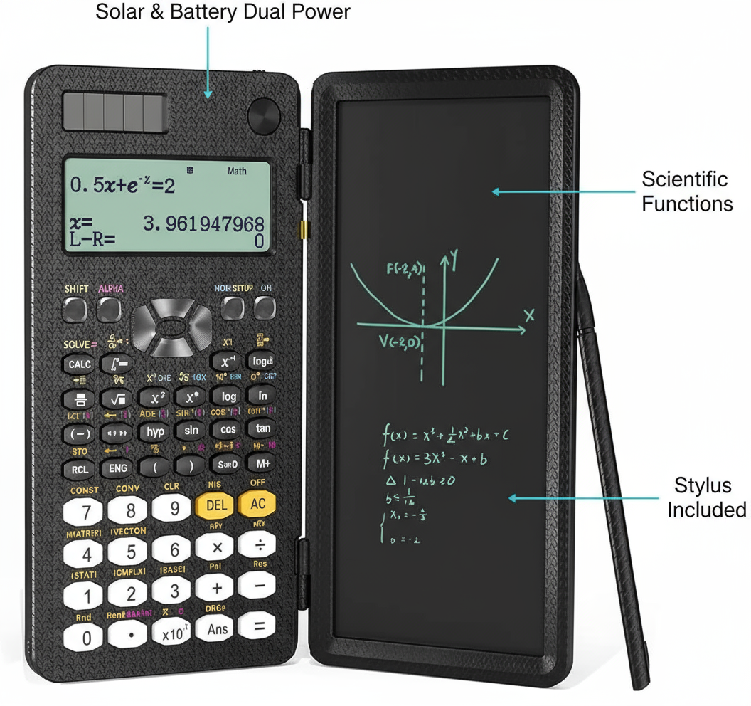 Scientific Calculator with LCD Writing Tablet - Solar & Battery Dual Power - UAE Office & School Essential