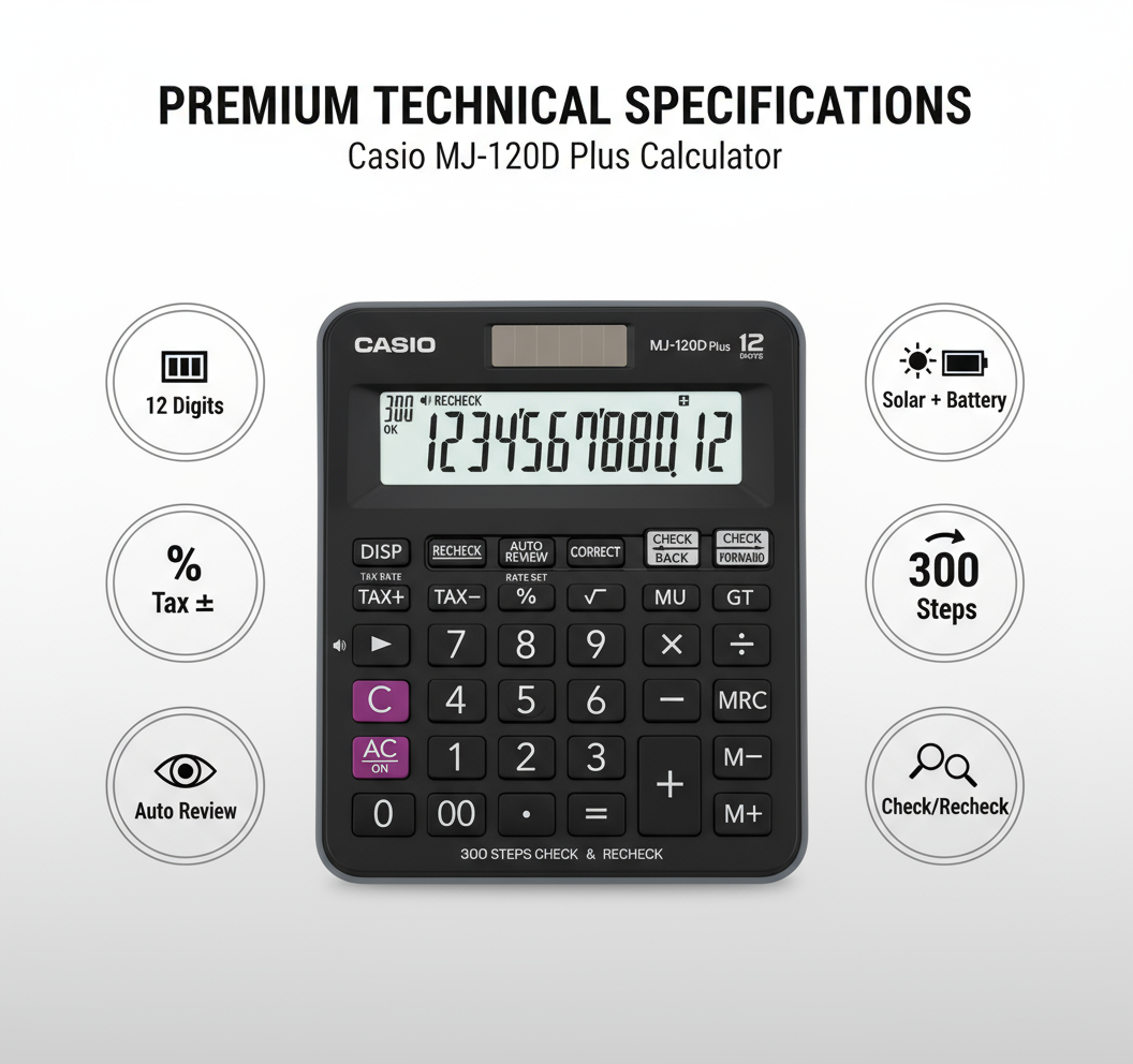 Casio MJ-120D Plus Desktop Calculator 12 Digit - UAE Office Calculator with Tax Function