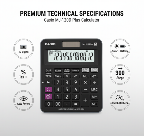 Casio MJ-120D Plus Desktop Calculator 12 Digit - UAE Office Calculator with Tax Function