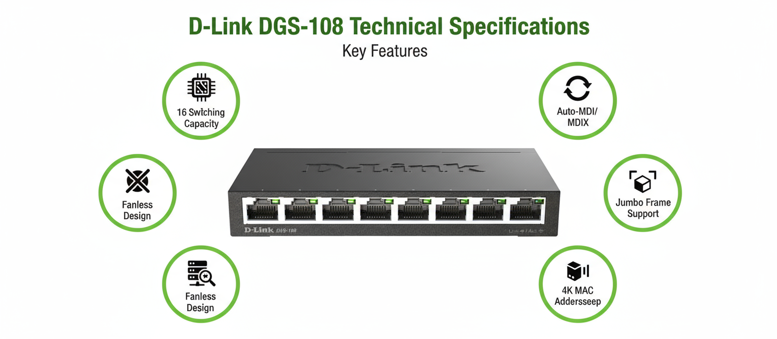 D-Link DGS-108 8-Port Gigabit Unmanaged Desktop Switch - 1000Mbps Ethernet Switch