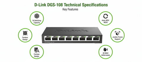 D-Link DGS-108 8-Port Gigabit Unmanaged Desktop Switch - 1000Mbps Ethernet Switch