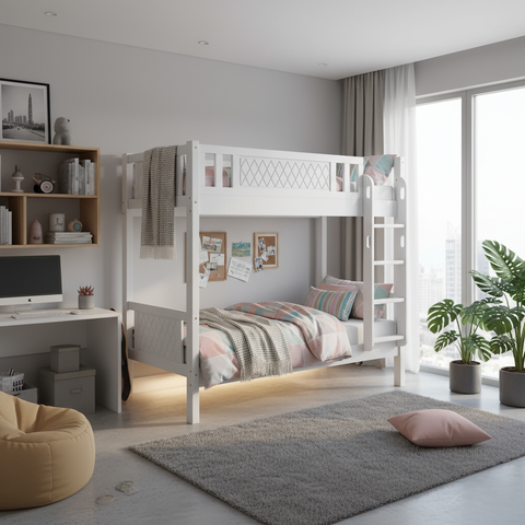 Wooden Bunk Bed for Kids & Teens UAE | Heavy Duty Bunk Bed Frame with Ladder & Safety Guardrail 0.9M