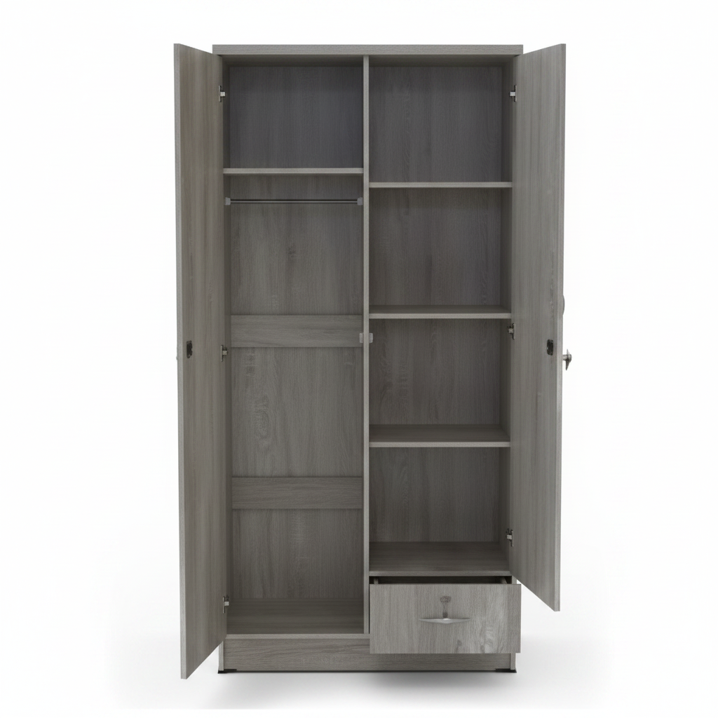 Two Door Wooden Wardrobe IH 621 open interior with hanging rail shelves and bottom drawer – wardrobe storage UAE