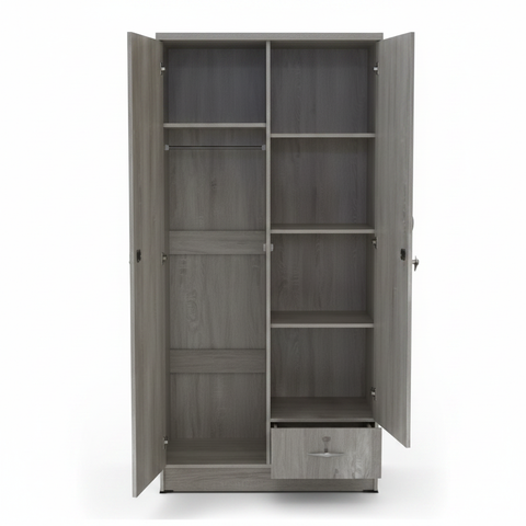 Two Door Wooden Wardrobe IH 621 open interior with hanging rail shelves and bottom drawer – wardrobe storage UAE