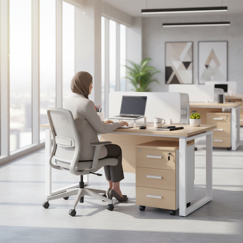 1 Person Office Workstation Desk with Drawers - Oak & White 120x60cm | Dubai UAE