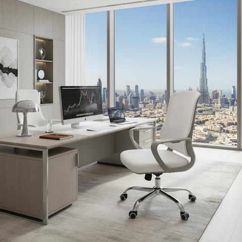 Medium Back Mesh Office Chair UAE | Ergonomic Chrome Base | Dubai Abu Dhabi | IH 1021G WHT