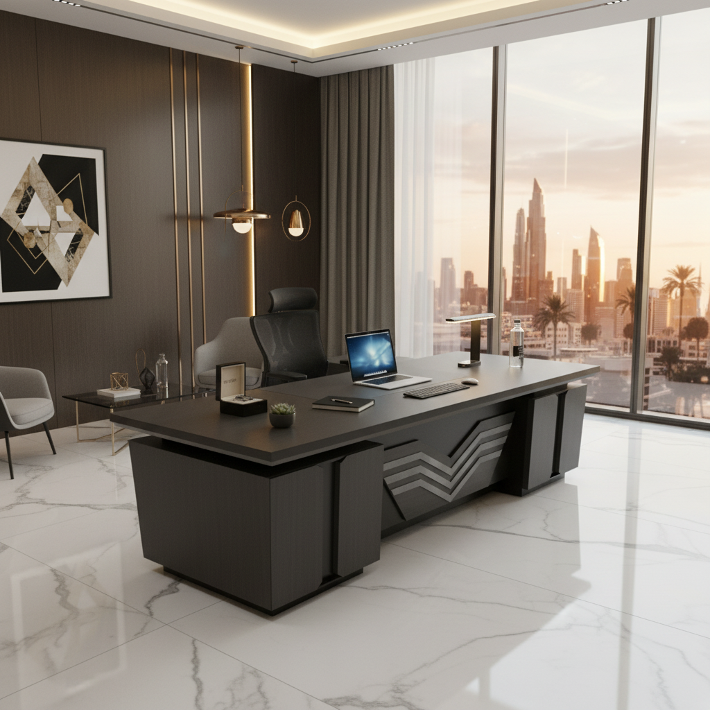 L-Shape Office Desk 1.8m Coffee Grey Kakie | Premium Executive Desk UAE