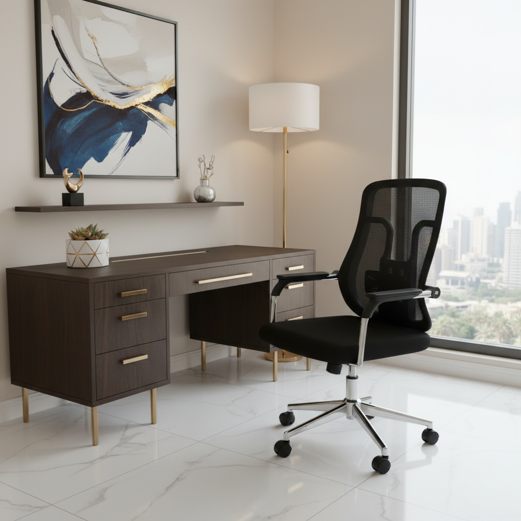 Medium Back Black Mesh Office Chair in Luxury Dubai Home Office with City View – Buy Online UAE | INFINI HOMES