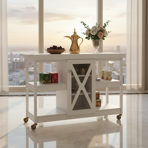 Luxury Arabic Coffee Trolley with Dallah – White Rolling Serving Cart UAE | INFINI HOMES