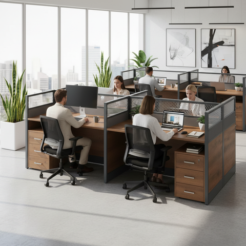 4-Person Office Workstation Coffee Grey 240x120cm | UAE Delivery