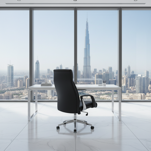 Ergonomic executive office chair IH-954H-BLK in black PU leather, rear view in a luxury Dubai office with Burj Khalifa skyline – premium office chairs UAE
