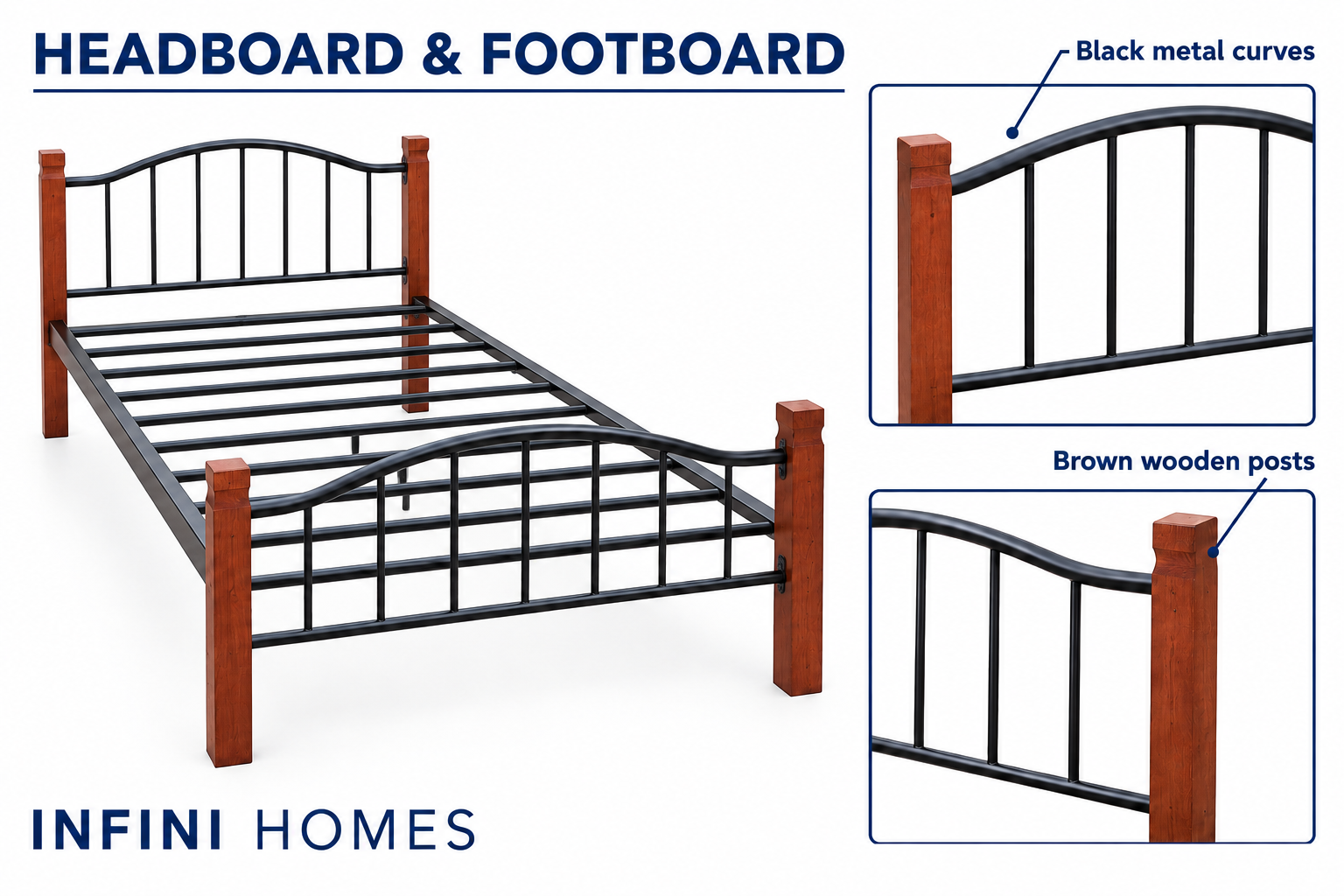 Premium Wooden Steel Bed Frame Single Size 190x90x75cm | UAE Delivery