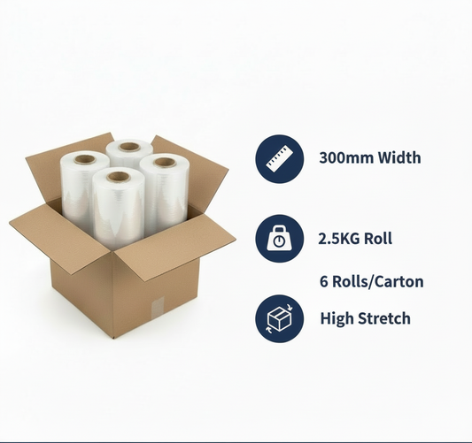 INFINI HOMES Stretch Film 2.5KG - Hand Grade Pallet Wrap (300m x 6 Rolls/Carton)