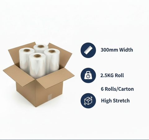 INFINI HOMES Stretch Film 2.5KG - Hand Grade Pallet Wrap (300m x 6 Rolls/Carton)