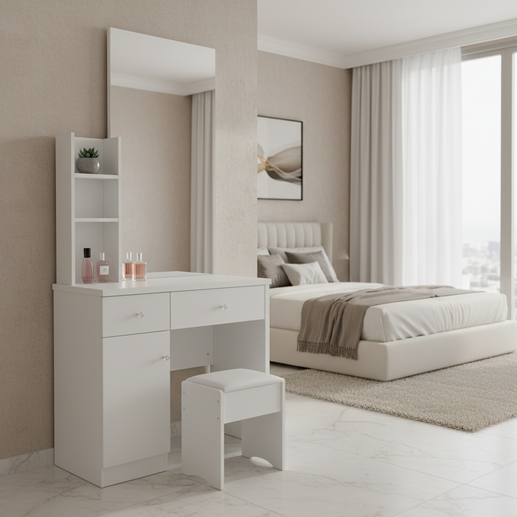 White Vanity Table with Mirror and Stool in Modern Luxury Bedroom – Dubai Home Furniture