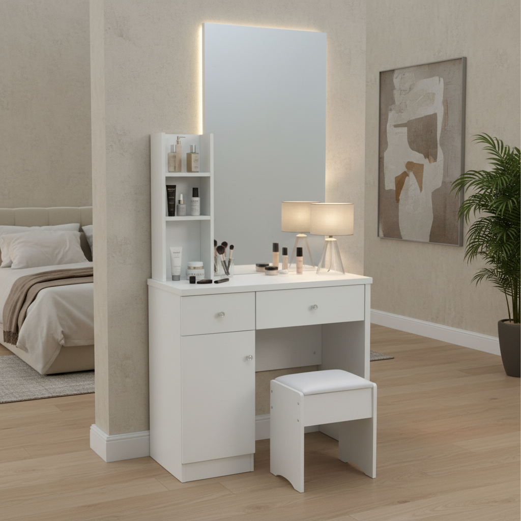 White Dressing Table with LED Mirror, Makeup Storage Shelves and Stool – Premium Vanity UAE