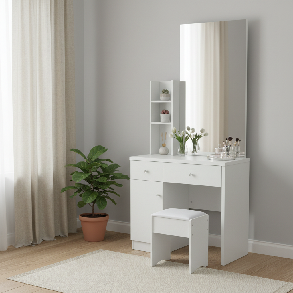 White Scandinavian Dressing Table with Mirror, Drawers and Stool – Minimalist Bedroom UAE