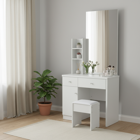 White Scandinavian Dressing Table with Mirror, Drawers and Stool – Minimalist Bedroom UAE