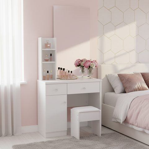 White Dressing Table Set with Mirror, Drawers and Stool – Luxury Bedroom Vanity UAE
