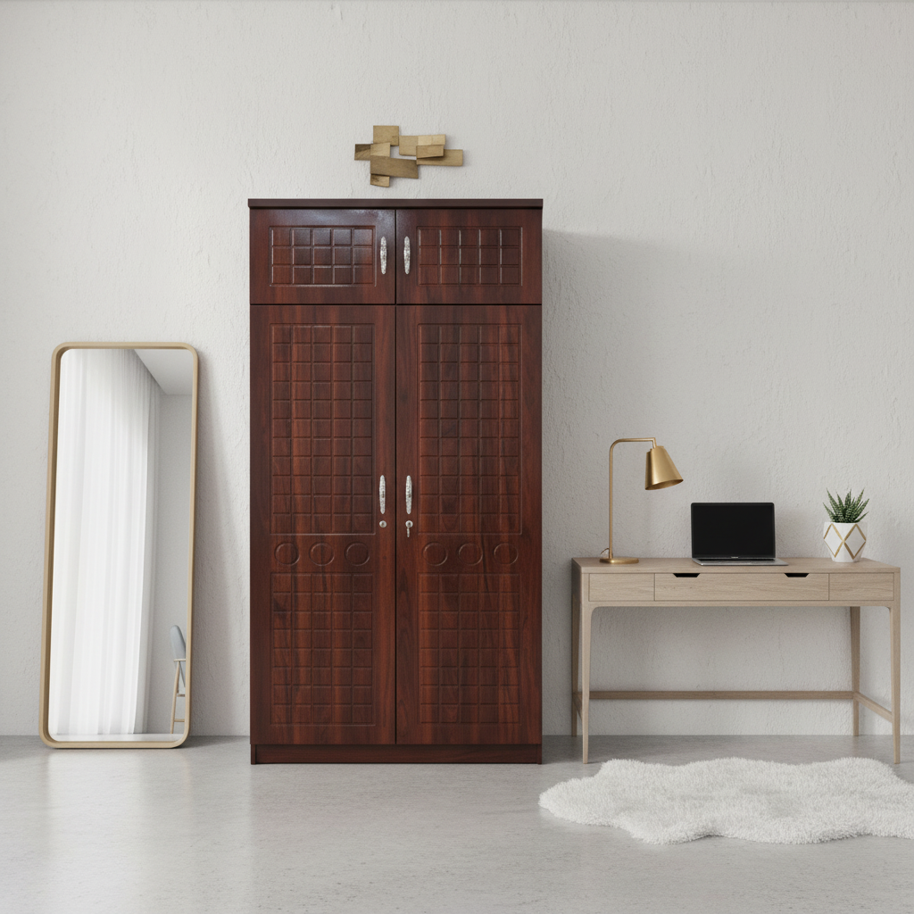 Dark Walnut Wooden Wardrobe in Modern Dressing Room with Mirror – Buy Wardrobe Online UAE